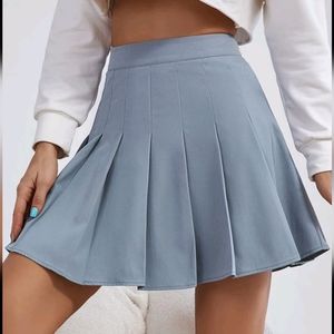 Pleated Blue Mini Skirt High Waisted